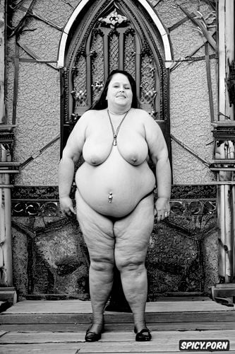 glasses, full body nude, full body, extreme fat, church, double belly