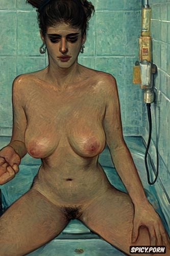 tiled walls, textured impasto oil paint, fat thighs, tiny teenage breasts