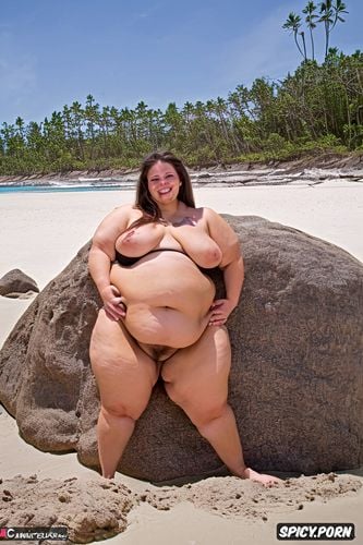 obese, smiling woman, ssbbw1 4, round face, beach, sitting with legs spread