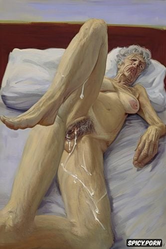 gray hair, thin and frail, completely naked demented elderly woman