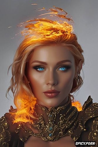 flames, masterpiece, fantasy female fairy flowing fire red robes portrait pale skin short golden blonde hair in a spinky pixie cut small full perky natural breasts milf beautiful face