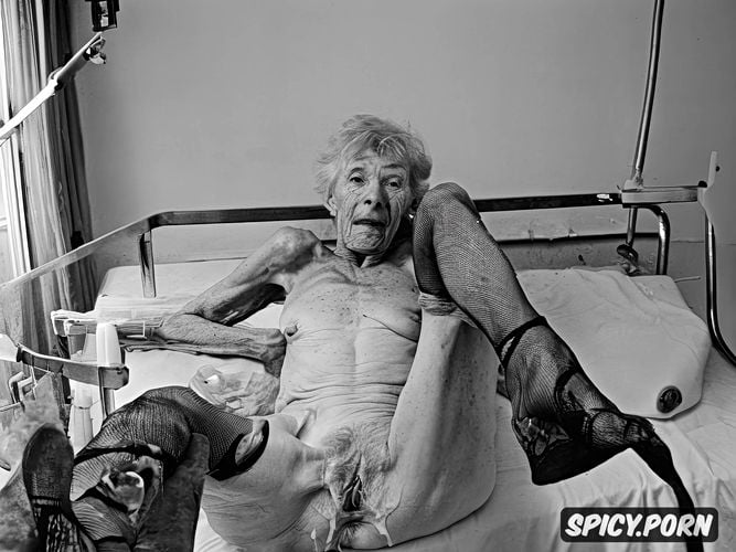 spreading thin pale old legs on hospital bed, hospital bed, completely naked demented elderly woman