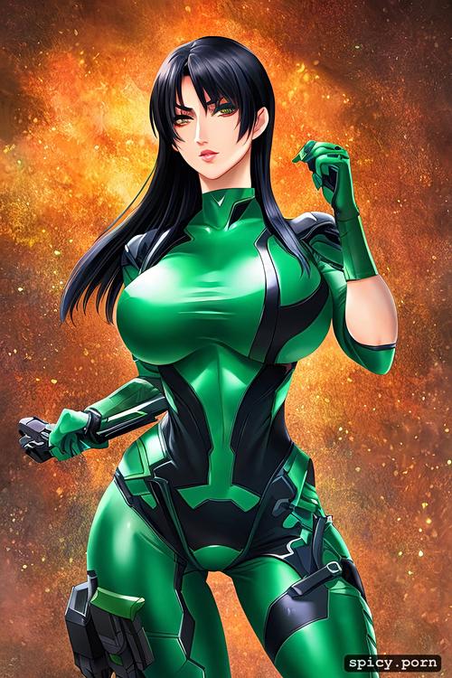 perfect body, wears same clothes as viper from valorant, green skin tight body suit