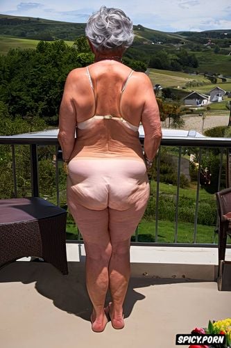 short hair, wrinkled, saggy, posing sexy, background patio, visible large camel toe