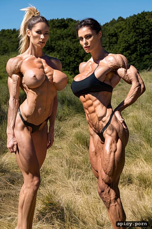 photorealistic, twin sisters, massive abs, realistic, very muscular