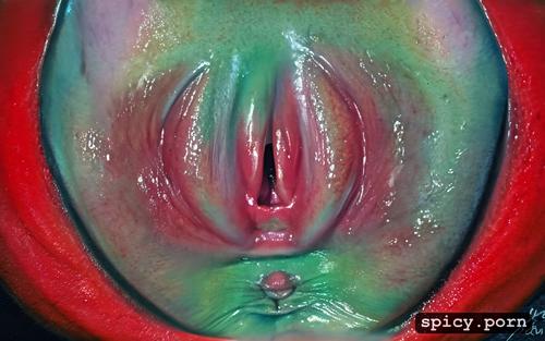 long green hair, realistic body, pussy lips held open displaying pussy to the viewer