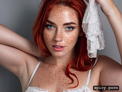 18 years old, wet hair, white lace stockings, freckles, 8k, realistic photo