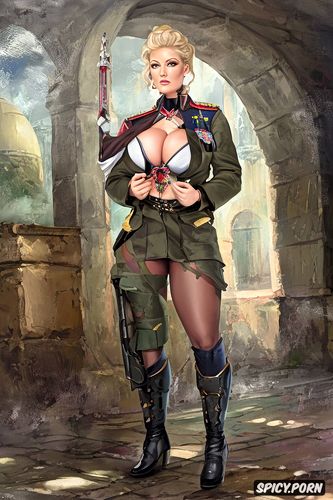 beautiful milf, busty, blonde, military uniform