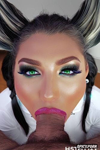 big green eyes, detailled lighting, pretty romanian face model giving a full deepthroat to the biggest dick ever