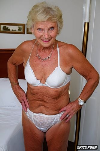 ninety something of age, smiles, banana tits pointing down, wrinkles