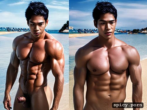 visible forehead, naked body, good shape, big muscles, 1male