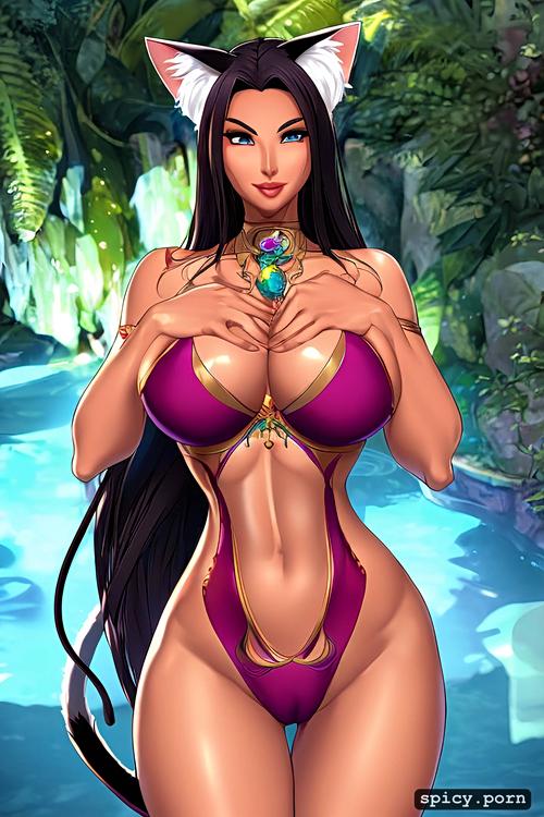 thai woman, dark hair, elegant, tanned skin, large breasts, hourglass figure body