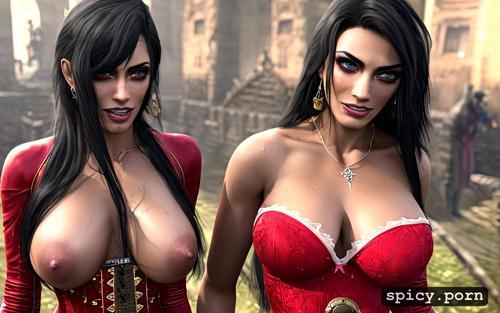 breasts exposed, nipple slip, realistic, wearing a red dress