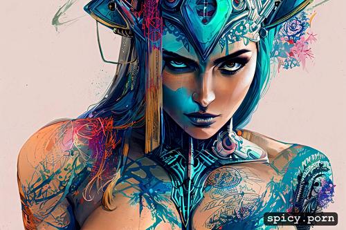 robot, vibrant, strong warrior princess, busty, carne griffiths