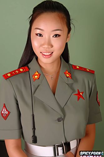 18yo, no make up, open mouthed, cute, innocent, green north korean army uniform