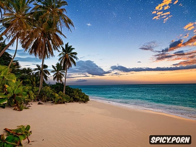 palm island in the background, portrait, sunrise, seashore, running on the beach