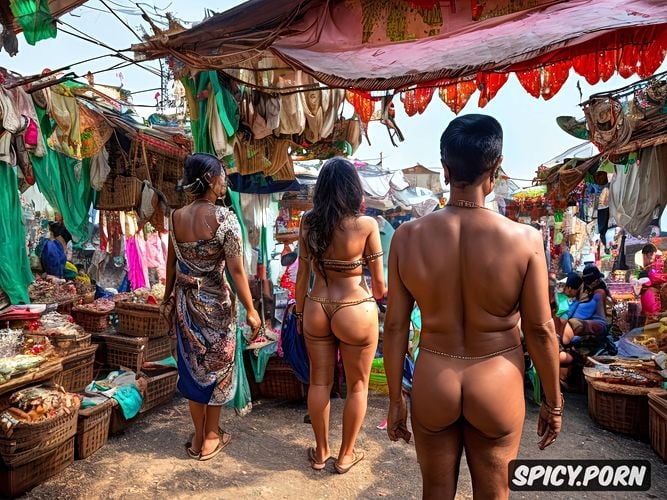 ultra realistic ultra enhanced ultra detailed sony a7 iv full body view telugu village mahila displaying her naked body backside to men in a market
