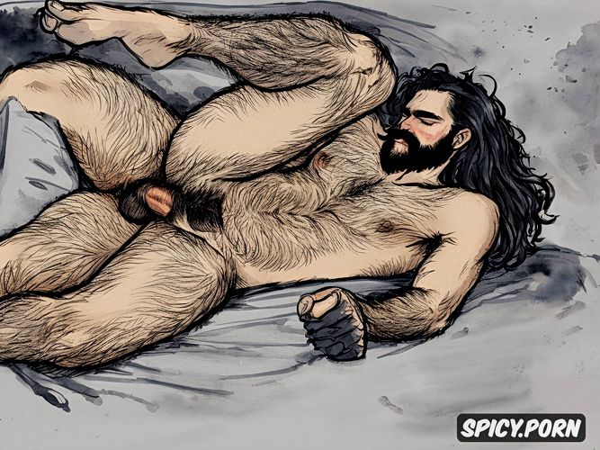 sketch of a naked penis sucking bearded hairy man, dark hair