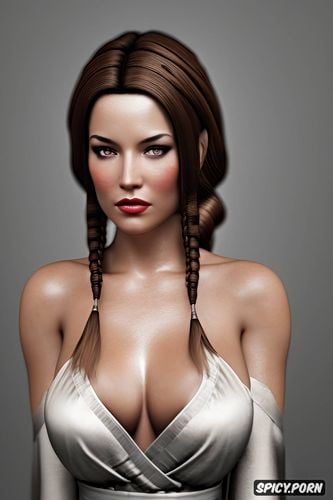 ultra detailed, ultra realistic, bastila shan star wars knights of the old republic soft brown silk jedi robe medium perky firm natural tits beautiful face full lips pale skin soft brown eyes long brown hair in twin braids masterpiece