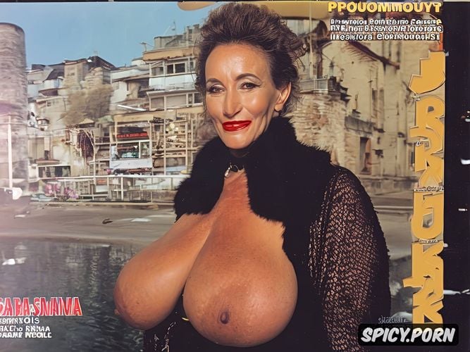 kodak film, woman wearing oversized fur coat, gilf, gigantic breasts