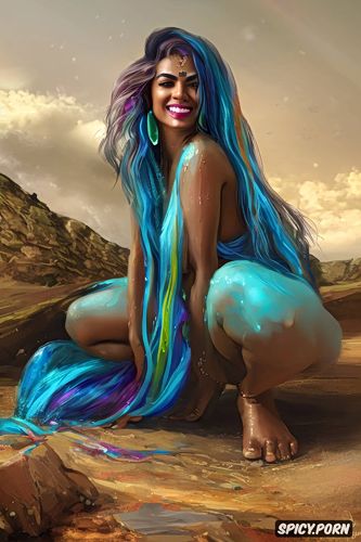 rainbow colour hair, indian young woman, nature, fully naked