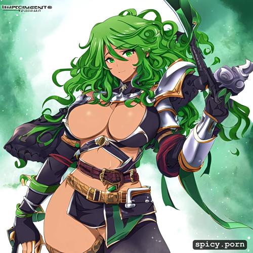 54 years old, milf, green curly hair, holding a weapon, wearing armour