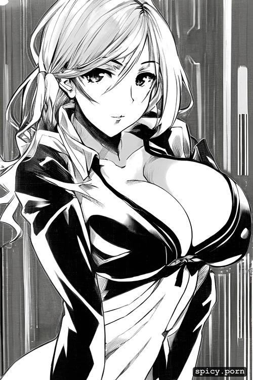 cleavage, centered, 35 years, pixie hair, japanese woman, precise lineart