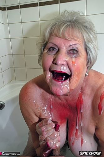 in the bath, tremendous splash of sperm in the mouth, handjob