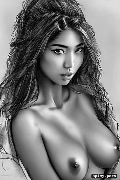 detailed face, very shy, sketch, topless and white slip, thai teen