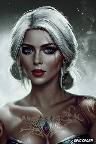 ciri the witcher beautiful face tattoos topless, tits out, full body shot