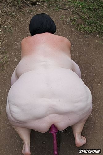 rear view, squatting, white granny, pastel colors, naked, hyperrealistic pregnant pissing muscular thighs red bobcut haircut