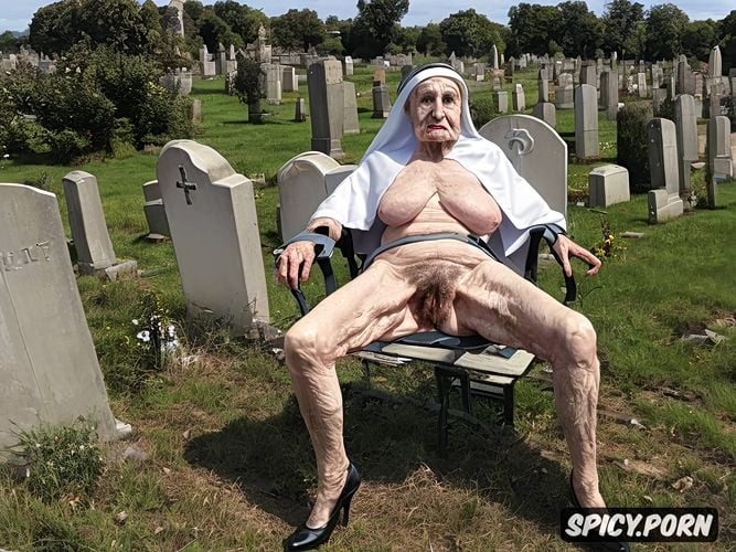 zombie, pale, very old granny, vaginal gape, outdoors, spreading very hairy pussy