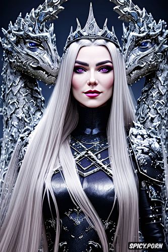 pale skin, dragon banners, dark purple eyes, throne room, throne