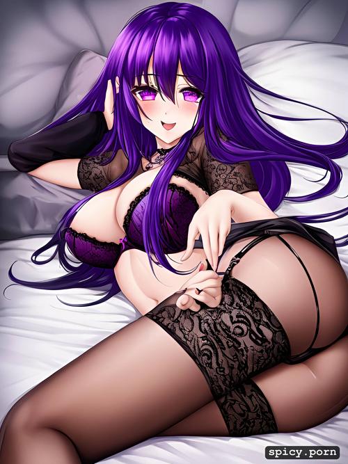purple hair, cute face, big boobs, big ass, on bed, long hair