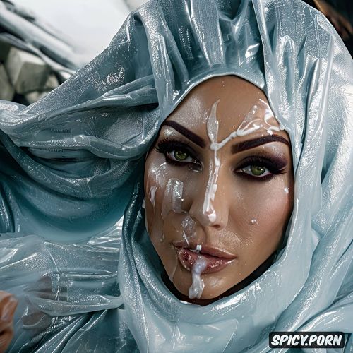 pakistani actress in latex hijab, semen in mouth, cum covered