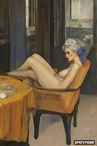 félix vallotton, pale, looking at viewer, naked, black lace stockings