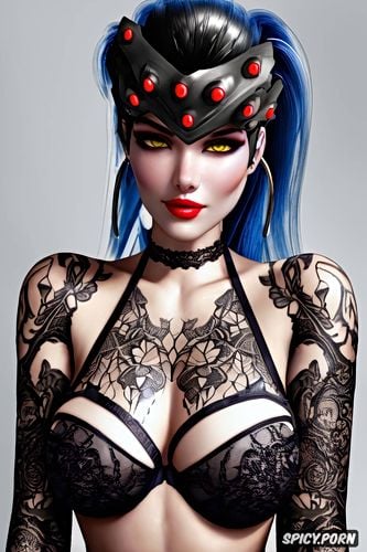 high resolution, ultra detailed, ultra realistic, widowmaker overwatch beautiful face young exotic black lace lingerie tattoos masterpiece