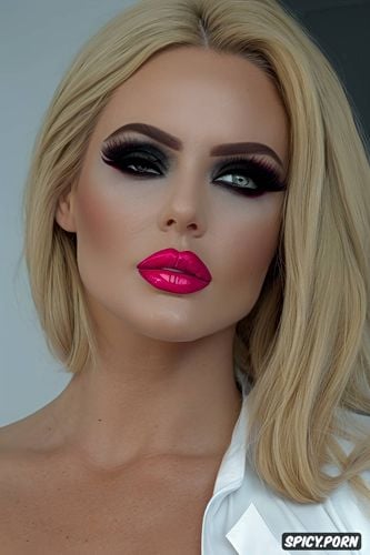 slut makeup, blonde bimbo, over lined lip liner, beautiful face closeup