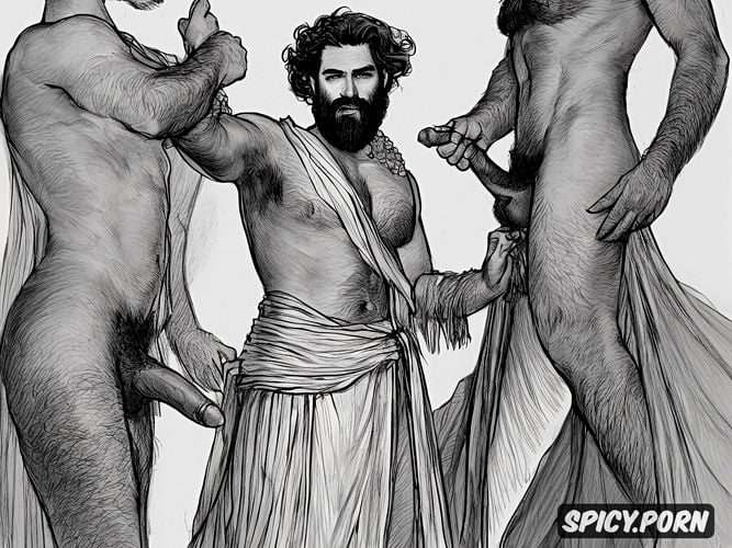 full shot, natural thick eyebrows, big dick, dark hair, rough artistic sketch of a bearded hairy man wearing a draped toga
