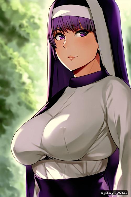 club, perky boobs, athletic body, portrait, short, nun, purple hair