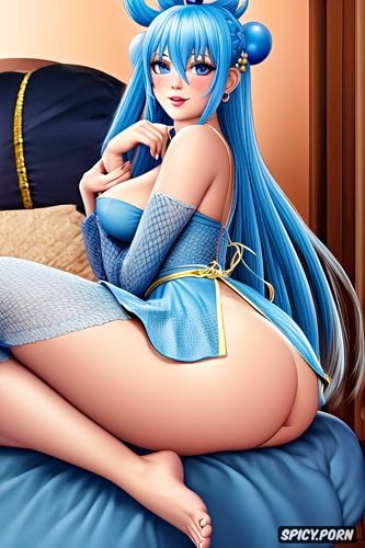 hair ornament, very long hair, aqua konosuba, from behind, muscular thighs