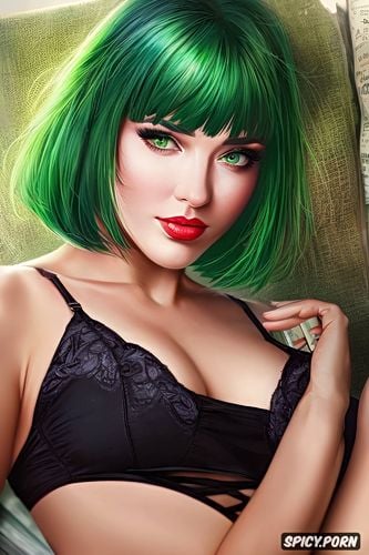 fit body, library, bobcut hair, intricate, stunning face, green hair