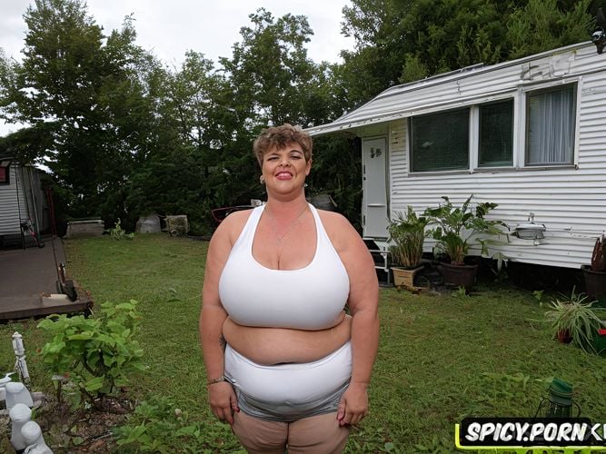 holding a banana, morbidly obese, sitting seductive on her porch