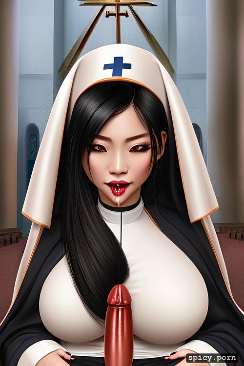 portrait, short hair, nun, sloppy blowjob, korean lady, pov dick
