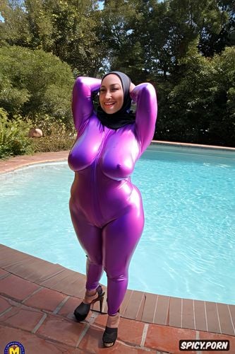 huge tits, professional color studio photograph, wearing pink latex catsuit with massive breasts hanging out