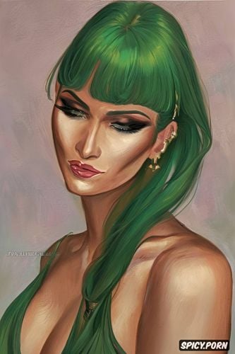 crossdresser, large cheekbones, green hair, completely without breasts