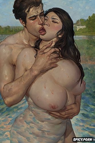 eyes closed, tongue, french realism, monet, man holding woman s neck