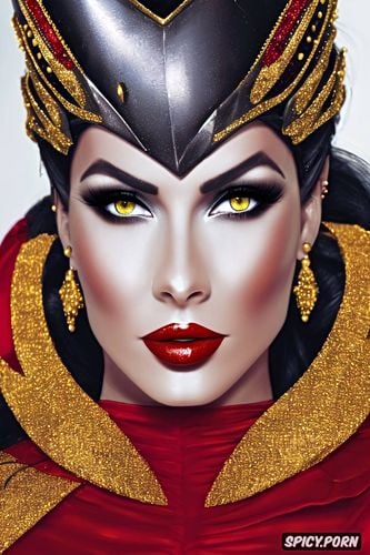 widowmaker overwatch beautiful face milf flowing low cut red ballgown gold and ruby tiara pouty portrait