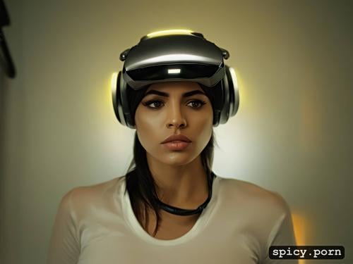 wearing a mind control vr headset, mexican female, oiled body