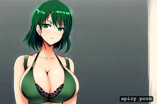 green hair, pretty face, 20 years old, short hair, large tits